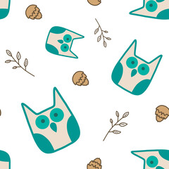 Green-Blue simple drawing owls with cones and branches isolated seamless pattern