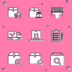 Set Plane and cardboard box, Cargo ship with boxes, Scanner scanning bar code, Delivery truck check mark, Cardboard on pallet, Verification of delivery list, Search package and Package icon. Vector