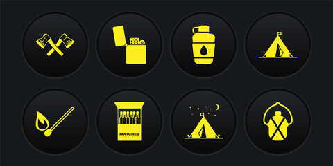 Set Burning match with fire, Tourist tent flag, Open matchbox and matches, Canteen water bottle, Lighter, and Crossed wooden axe icon. Vector