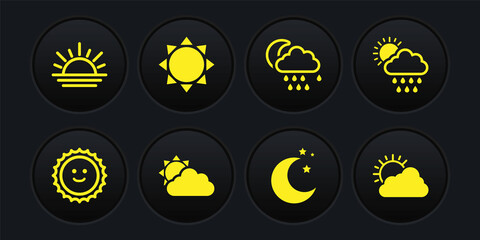 Set Sun, Cloud with rain and sun, cloud weather, Moon stars, moon, and Sunset icon. Vector