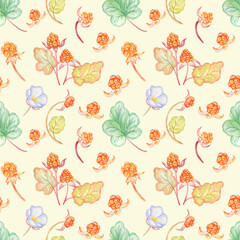 Seamless watercolor cloudberry pattern isolated on yellow background.Perfect for textile,clothes,fabrics.