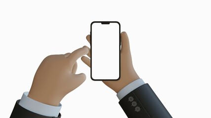 Light Brown cartoon hand in jacket holding a smartphone in vertical position. Isolated hand and smartphone with white background.