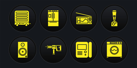 Set Stereo speaker, Blender, Rotary hammer drill machine, House intercom system, Radio and Refrigerator icon. Vector