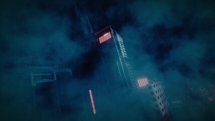 3d render, 3d illustration, cyberpunk city concept art, dark moody cyberpunk city with film look overlay