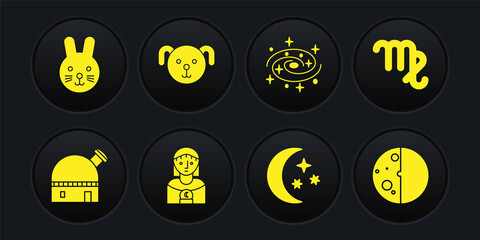 Set Astronomical observatory, Virgo zodiac, Astrology woman, Moon and stars, Milky way spiral galaxy, Dog, Eclipse of the sun and Rabbit icon. Vector