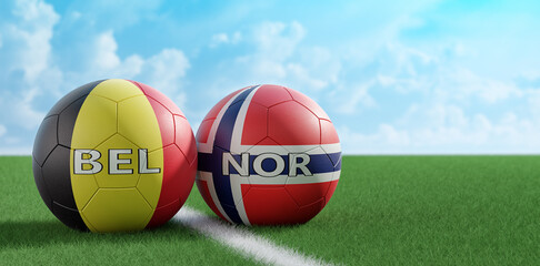Belgium vs. Norway Soccer Match - Soccer balls in Belgium and Norway national colors on a soccer field. Copy space on the right side - 3D Rendering