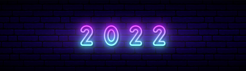 Happy new year 2022 in neon style. 2022 bright gradient. Long brick wall banner. Vector template for web header, web site, ui, ux.