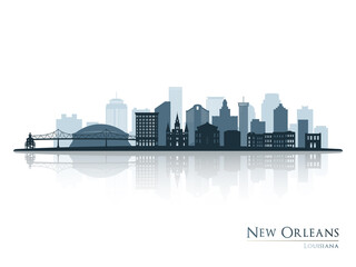 New Orleans skyline silhouette with reflection. Landscape New Orleans, Louisiana. Vector illustration. - obrazy, fototapety, plakaty