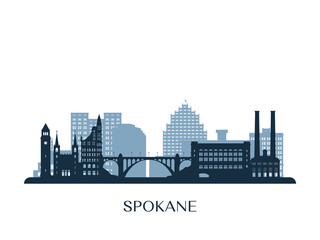 Naklejka premium Spokane, WA skyline, monochrome silhouette. Vector illustration.