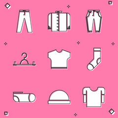 Set Pants, T-shirt, Hanger wardrobe, Socks, Sport socks and Beanie hat icon. Vector