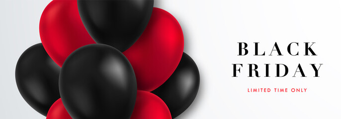 Black friday horizontal banner. Sale template with realistic red and black balloons flying on a light background. Advertising banner design Black friday campaign.