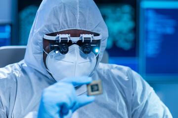 African-American scientist works in a modern scientific laboratory for the research and development...