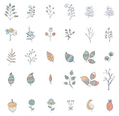 Autumn and Winter hand drawn vector Illustrations set - leaves, branches and berries. For invitations, fabric, textile, linens, posters, prints, banners.