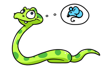 Green beautiful little snake thinking lunch mouse illustration