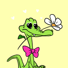 Postcard illustration enamored crocodile flower gift 