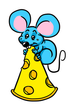 Little blue mouse big piece of cheese illustration