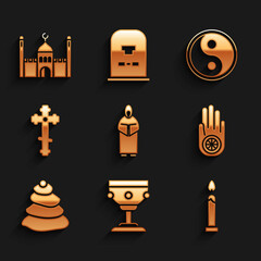 Set Monk, Christian chalice, Burning candle, Jainism or Jain Dharma, Stack hot stones, cross, Yin Yang and Muslim Mosque icon. Vector