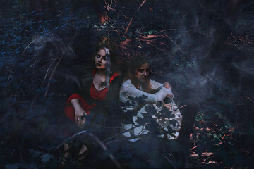 girl in a historical dress in a coniferous forest