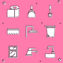 Set Toilet paper roll, Dustpan, brush, Sponge with bubbles, Shower head, Trash can, Cleaning service for windows and Water tap icon. Vector