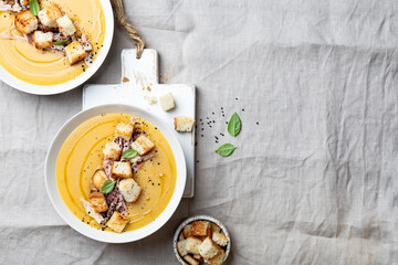 lentil cream soup with croutons and cumin