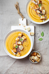 lentil cream soup with croutons and cumin