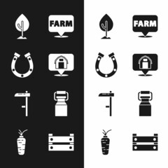 Set Location farm house, Horseshoe, Tree, Scythe, Can container for milk, Wooden box and Carrot icon. Vector