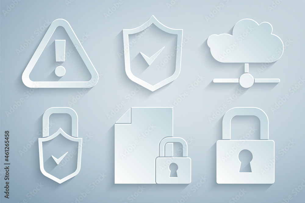 Poster set document and lock, network cloud connection, lock check mark, shield with and exclamation in tri