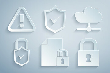 Set Document and lock, Network cloud connection, Lock check mark, Shield with and Exclamation in triangle icon. Vector