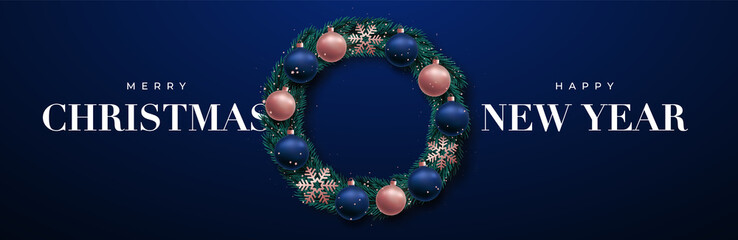 Fototapeta na wymiar Christmas Wreath banner. Xmas wreath made of naturalistic looking pine branches decorated with blue and rose gold baubles, snowflakes.