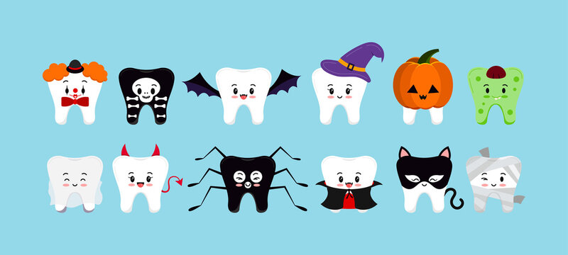 Halloween teeth in carnival costume vector icon set. Cute child tooth ghost vampire witch clown spider pumpkin bat - dental character for dentist halloween card. Flat design cartoon illustration.  