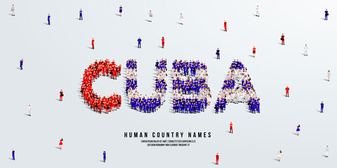 A large group of people stands, making up the word Cuba. Cuba flag made from people crowd. Vector illustration isolated on white background.