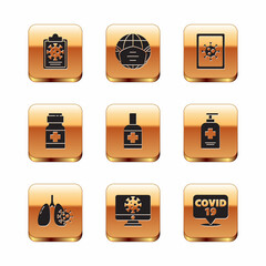 Set Clipboard with blood test results, Virus cells in lung, statistics on monitor, Liquid antibacterial soap, Medicine bottle and pills, Corona virus location and Earth medical mask icon. Vector