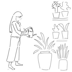 Vector drawings of a cafe, living room with a person watering plants. 