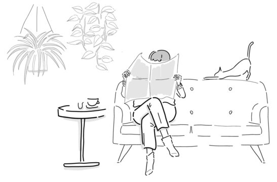 Vector drawings of a cafe, living room with a person reading news paper. - cat, coffee, couch, plants: spider plant, pothos