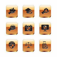 Set Piggy bank, Shield with world globe, Scales of justice, Calendar shield, Hand holding briefcase, fire, Travel suitcase and Graduation cap icon. Vector