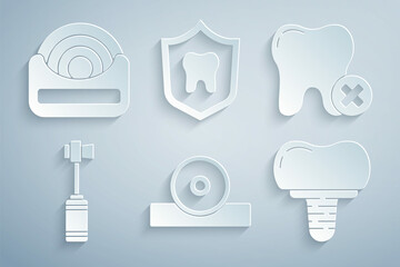Set Otolaryngological head reflector, Tooth with caries, Toothbrush, Dental implant, protection and floss icon. Vector