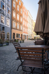 Fototapeta na wymiar Linz, Austria: Street view with colorful historical buildings in the old town