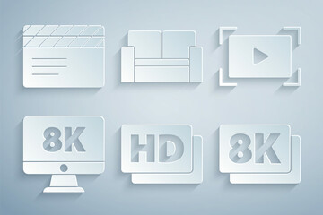 Set Hd movie, tape, frame, Online play video, Monitor with 8k, Ultra HD, Cinema chair and Movie clapper icon. Vector