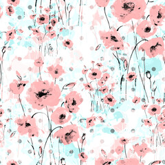 Abstract floral seamless pattern painted by brush field poppies 