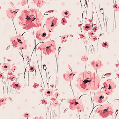 Abstract floral seamless pattern painted by brush field poppies 
