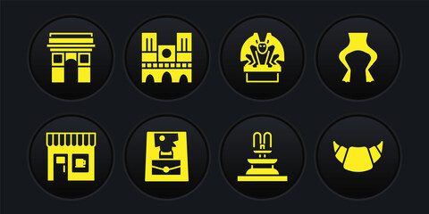 Set Coffee shop, Frog legs, Handbag, Fountain, Gargoyle on pedestal, Notre Dame, Croissant and Triumphal Arch icon. Vector