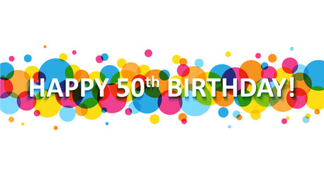 HAPPY 50th BIRTHDAY! typography banner on colorful vector circles on white background