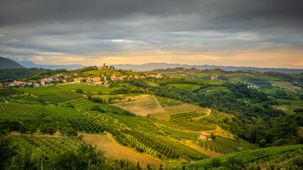 Panoramic summer view of a rural village with vineyards in the alps near Dobrovo, Slovenia - obrazy, fototapety, plakaty