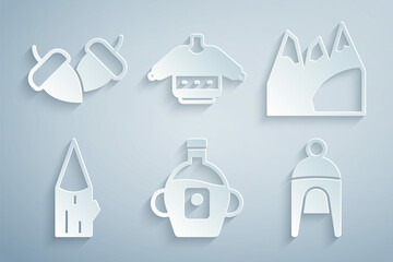 Set Maple syrup, Mountains, Wooden log, Winter hat, Christmas sweater and Acorn icon. Vector