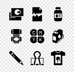 Set Business card, Torn document, Printer ink bottle, Pencil with eraser, Binder clip, T-shirt, Carton cardboard box and CMYK color mixing icon. Vector