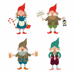 Set of little gnomes. Vector illustration in cartoon style. Gnomes isolated on white background in flat cartoon style.