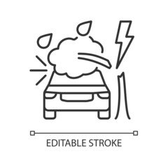 Weather related damage linear icon. Tree falling on car. Outdoor parking. Windscreen damage. Thin line customizable illustration. Contour symbol. Vector isolated outline drawing. Editable stroke