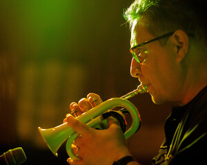 musician playing pocket trumpet on stage
