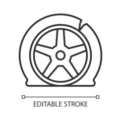 Obraz premium Tyre damage linear icon. Vehicle accident. Car tire defects. Bad road conditions. Tire blowout. Thin line customizable illustration. Contour symbol. Vector isolated outline drawing. Editable stroke