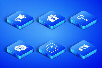 Set Warehouse, Megaphone, House plan, Real estate message, with dollar symbol and key icon. Vector